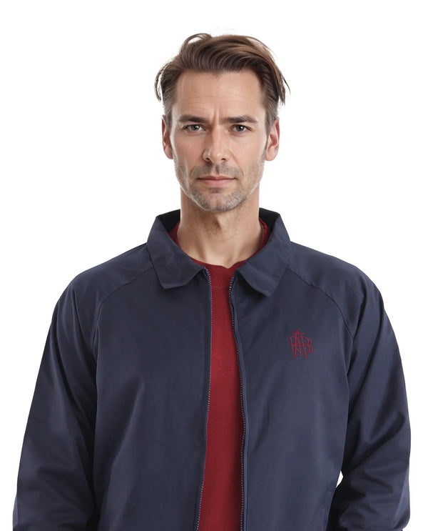 Rare Rabbit Men Clayon Navy Polyester Fabric Full Sleeve Embroidered Logo Spread Collar Solid Jacket