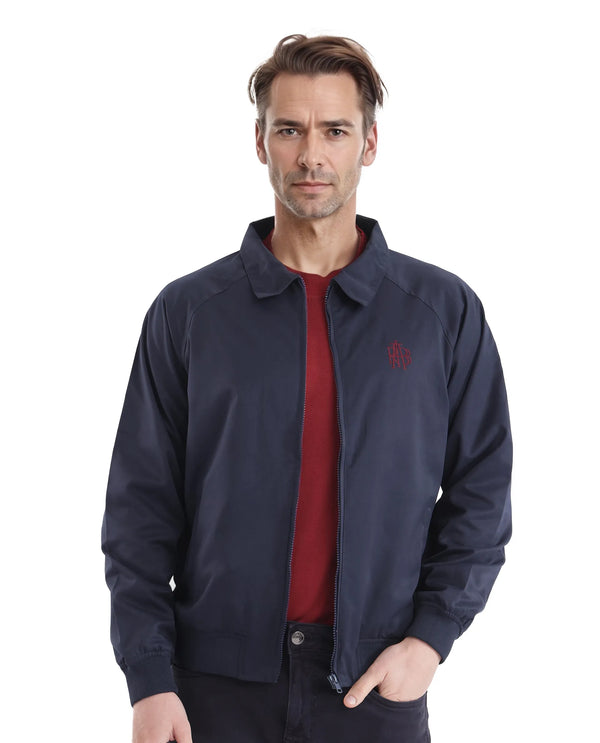 Rare Rabbit Men Clayon Navy Polyester Fabric Full Sleeve Embroidered Logo Spread Collar Solid Jacket