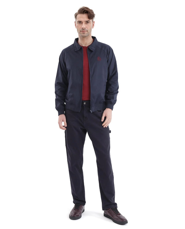 Rare Rabbit Men Clayon Navy Polyester Fabric Full Sleeve Embroidered Logo Spread Collar Solid Jacket