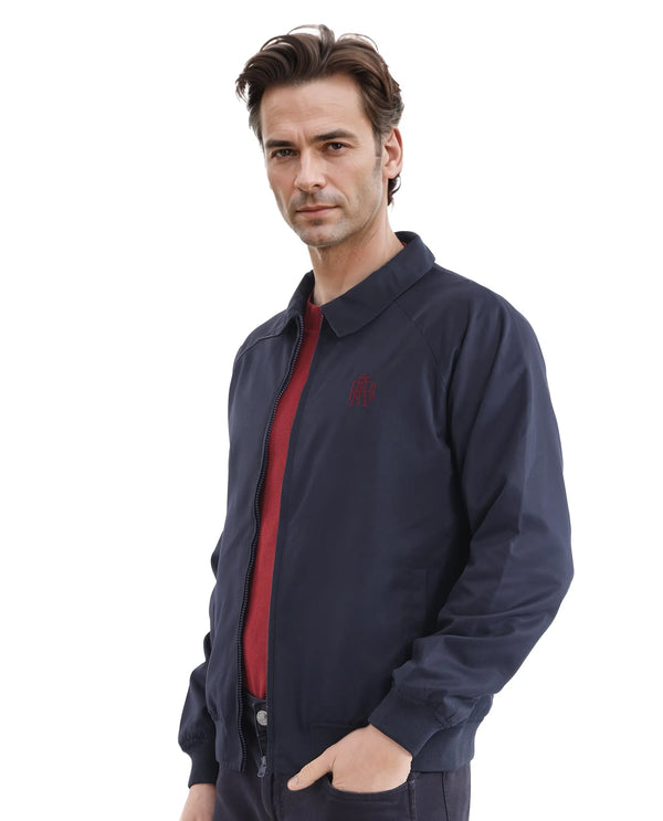 Rare Rabbit Men Clayon Navy Polyester Fabric Full Sleeve Embroidered Logo Spread Collar Solid Jacket