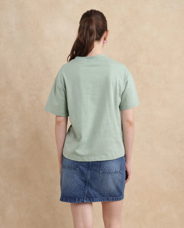 Rareism Women Clea Dusky Green Cotton Blend Fabric Short Sleeve Crew Neck Regular Fit Graphic Print T-Shirt