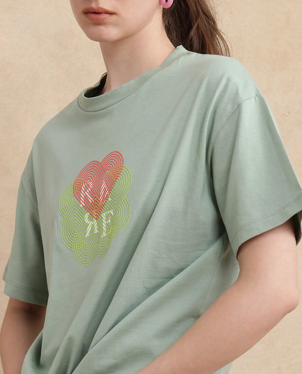 Rareism Women Clea Dusky Green Cotton Blend Fabric Short Sleeve Crew Neck Regular Fit Graphic Print T-Shirt