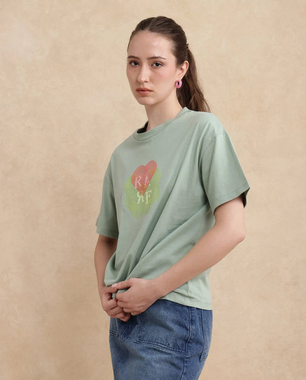 Rareism Women Clea Dusky Green Cotton Blend Fabric Short Sleeve Crew Neck Regular Fit Graphic Print T-Shirt