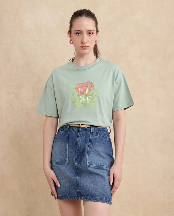 Rareism Women Clea Dusky Green Cotton Blend Fabric Short Sleeve Crew Neck Regular Fit Graphic Print T-Shirt