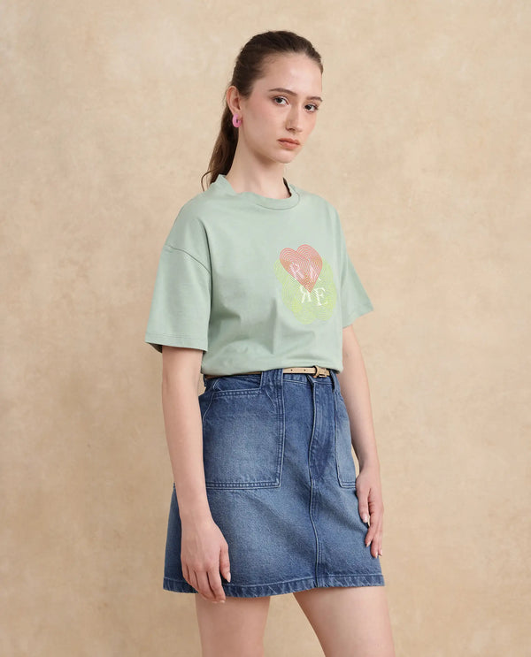 Rareism Women Clea Dusky Green Cotton Blend Fabric Short Sleeve Crew Neck Regular Fit Graphic Print T-Shirt