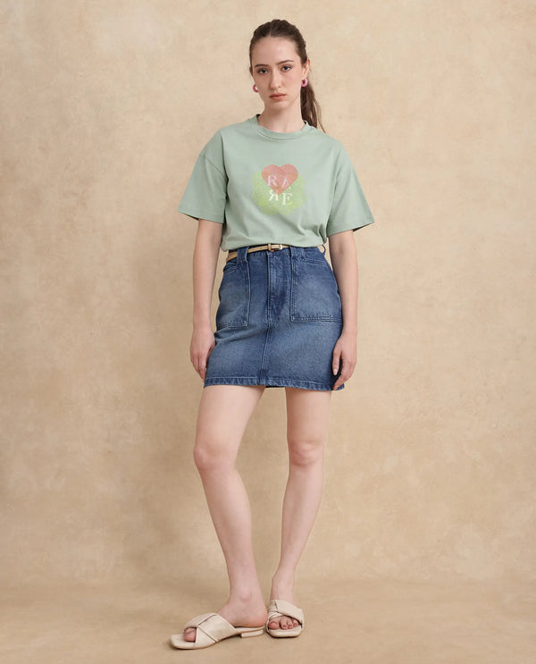 Rareism Women Clea Dusky Green Cotton Blend Fabric Short Sleeve Crew Neck Regular Fit Graphic Print T-Shirt