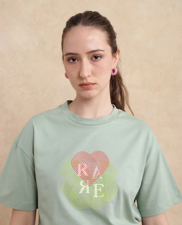 Rareism Women Clea Dusky Green Cotton Blend Fabric Short Sleeve Crew Neck Regular Fit Graphic Print T-Shirt