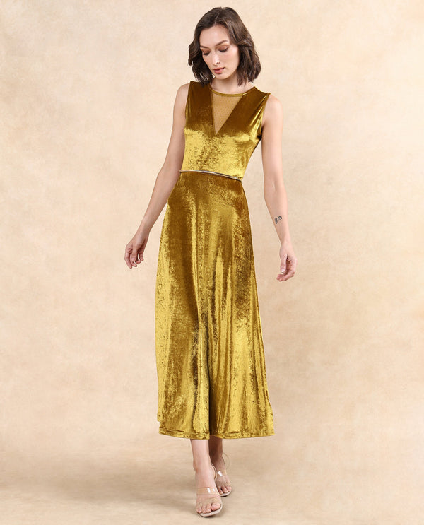 Rareism Women Clementi Olive Velvet Sleeveless V-Neck Zipper Closure Fit And Flare Maxi Plain Dress