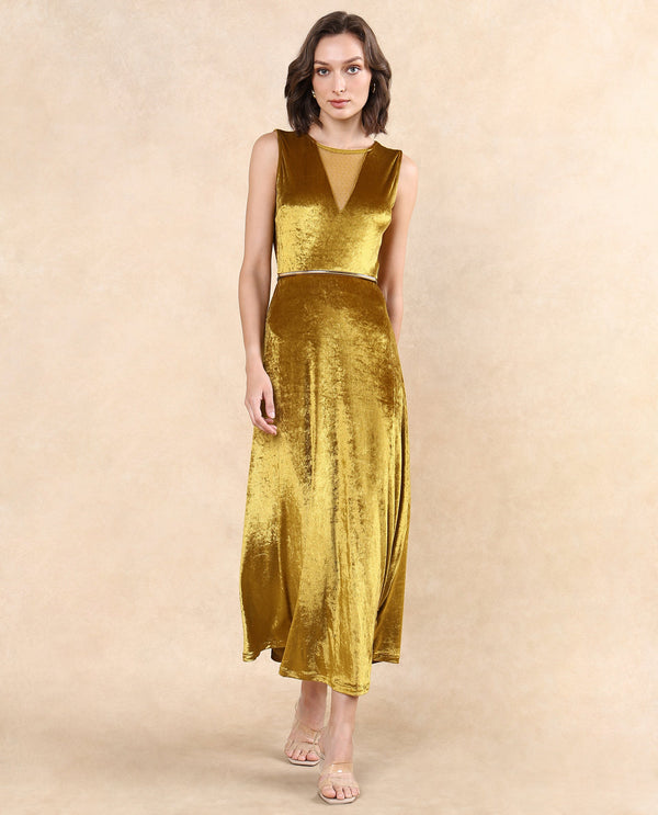 Rareism Women Clementi Olive Velvet Sleeveless V-Neck Zipper Closure Fit And Flare Maxi Plain Dress