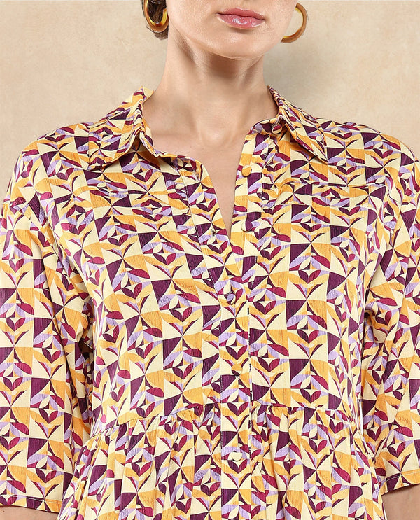 Rareism Women's Cleokap Multi Viscose Fabric Drop Collar Button Closure Half Sleeve Geometric Print Fit And Flare Knee Length Dress