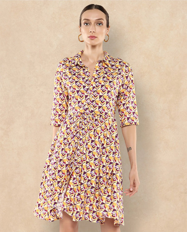 Rareism Women's Cleokap Multi Viscose Fabric Drop Collar Button Closure Half Sleeve Geometric Print Fit And Flare Knee Length Dress