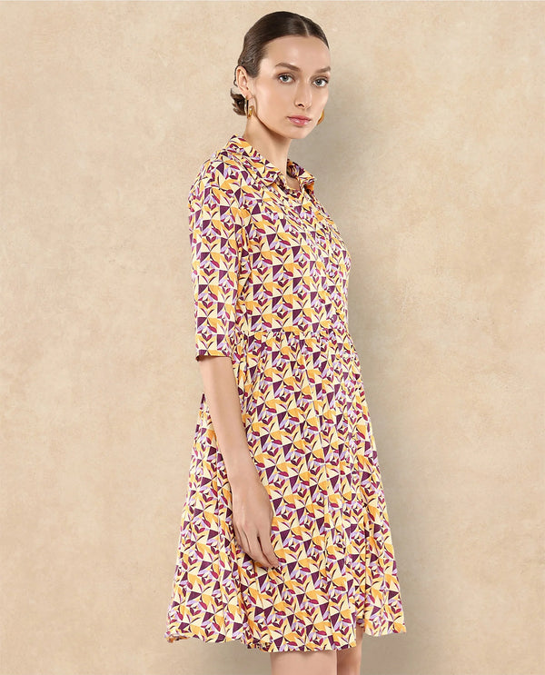 Rareism Women's Cleokap Multi Viscose Fabric Drop Collar Button Closure Half Sleeve Geometric Print Fit And Flare Knee Length Dress