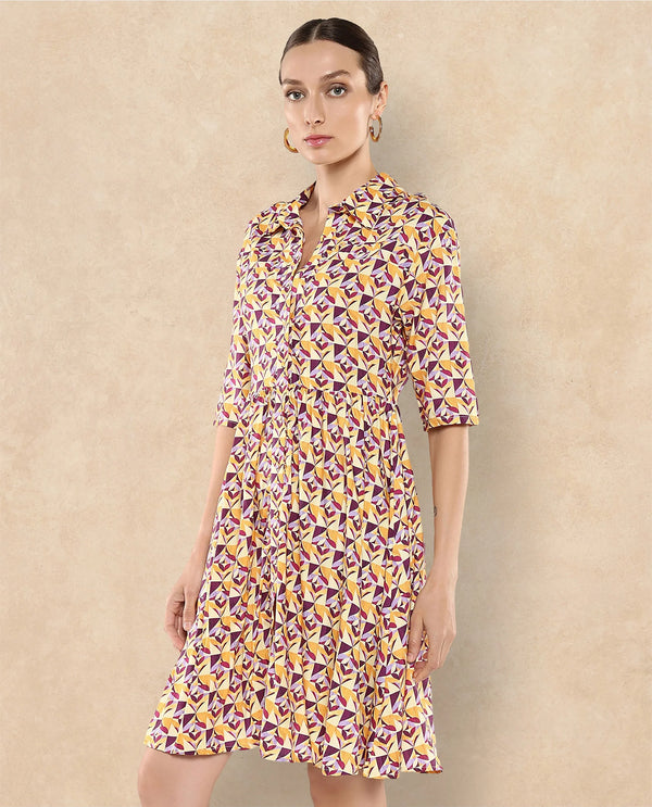 Rareism Women's Cleokap Multi Viscose Fabric Drop Collar Button Closure Half Sleeve Geometric Print Fit And Flare Knee Length Dress