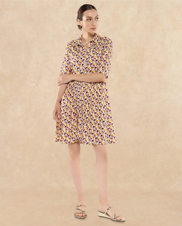 Rareism Women's Cleokap Multi Viscose Fabric Drop Collar Button Closure Half Sleeve Geometric Print Fit And Flare Knee Length Dress