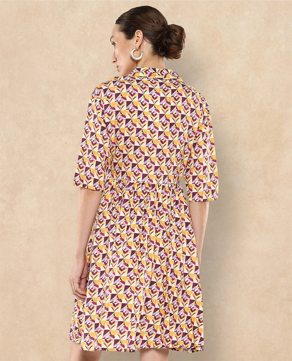Rareism Women's Cleokap Multi Viscose Fabric Drop Collar Button Closure Half Sleeve Geometric Print Fit And Flare Knee Length Dress