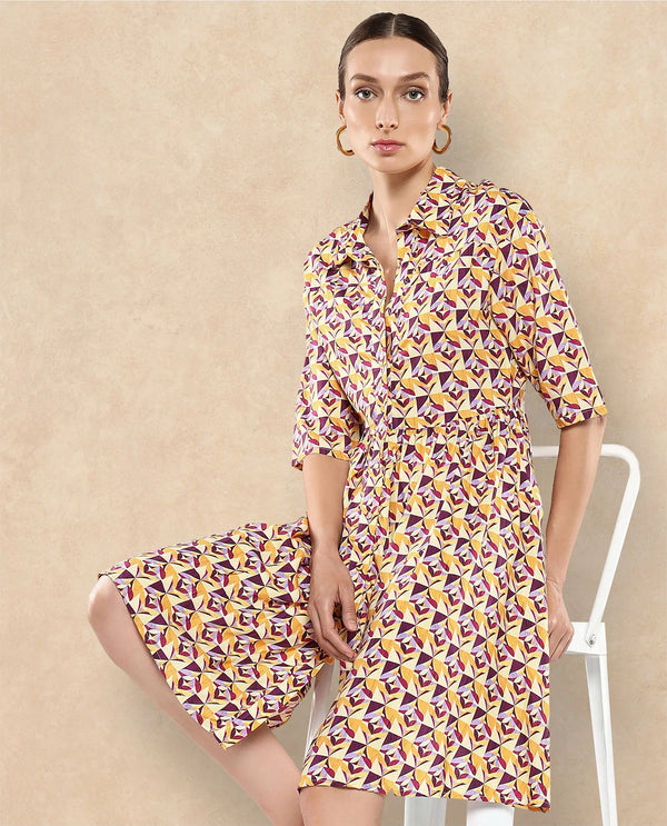 Rareism Women's Cleokap Multi Viscose Fabric Drop Collar Button Closure Half Sleeve Geometric Print Fit And Flare Knee Length Dress