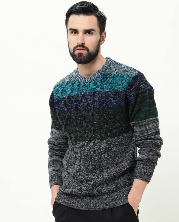 Rare Rabbit Men'S Grindle Green Pullover Acrylic Fabric Round Neck Full Sleeves Slim Fit