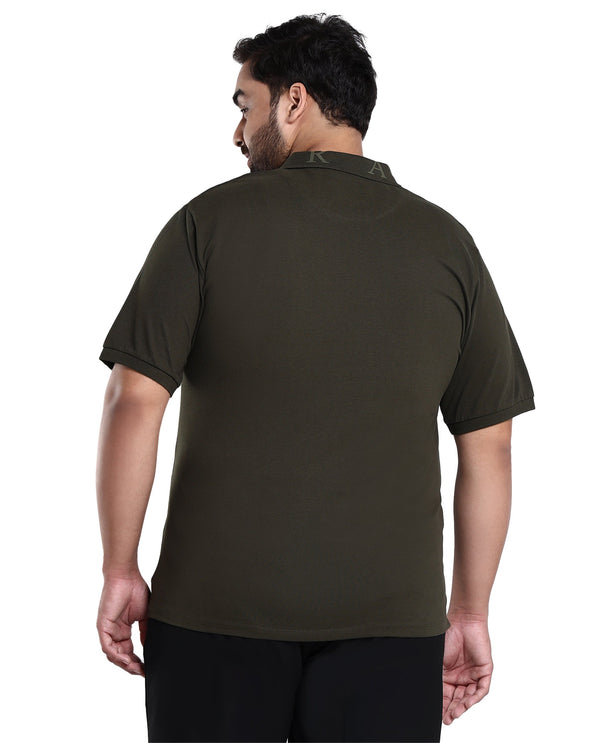 Rare Rabbit Men's Clif Dark Olive Cotton Fabric Short Sleeves Printed Detailing On Collar Plain Knit Polo T-Shirt Plus Size