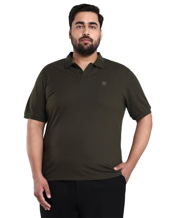 Rare Rabbit Men's Clif Dark Olive Cotton Fabric Short Sleeves Printed Detailing On Collar Plain Knit Polo T-Shirt Plus Size