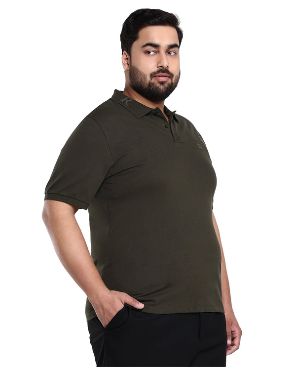 Rare Rabbit Men's Clif Dark Olive Cotton Fabric Short Sleeves Printed Detailing On Collar Plain Knit Polo T-Shirt Plus Size