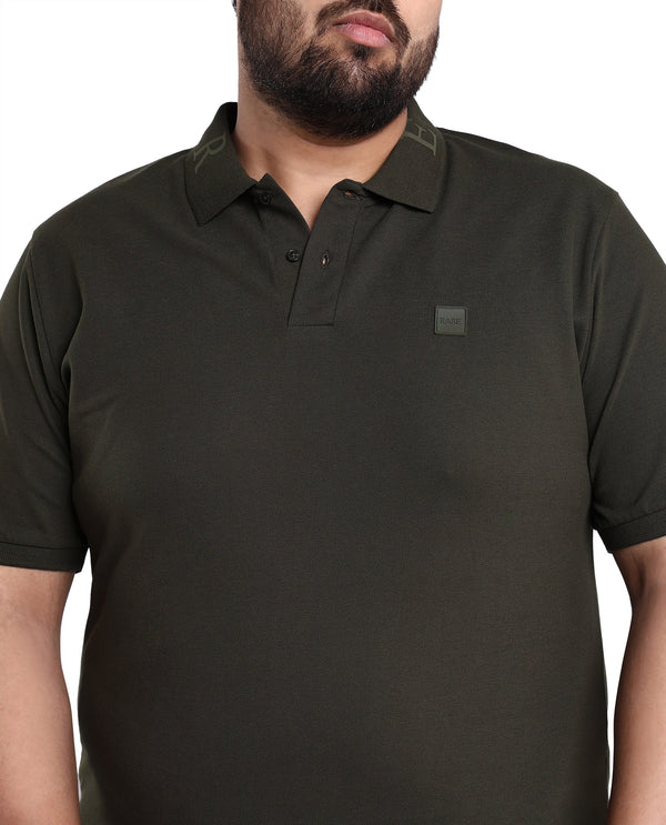 Rare Rabbit Men's Clif Dark Olive Cotton Fabric Short Sleeves Printed Detailing On Collar Plain Knit Polo T-Shirt Plus Size