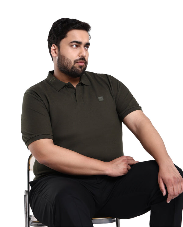 Rare Rabbit Men's Clif Dark Olive Cotton Fabric Short Sleeves Printed Detailing On Collar Plain Knit Polo T-Shirt Plus Size