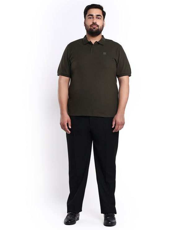 Rare Rabbit Men's Clif Dark Olive Cotton Fabric Short Sleeves Printed Detailing On Collar Plain Knit Polo T-Shirt Plus Size