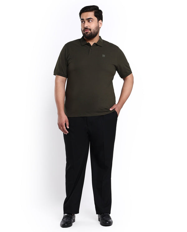 Rare Rabbit Men's Clif Dark Olive Cotton Fabric Short Sleeves Printed Detailing On Collar Plain Knit Polo T-Shirt Plus Size