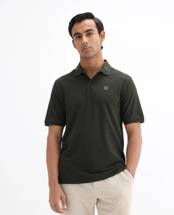 Rare Rabbit Men's Clif Dark Olive Cotton Fabric Short Sleeves Printed Detailing On Collar Regular Fit Plain Knit Polo T-Shirt