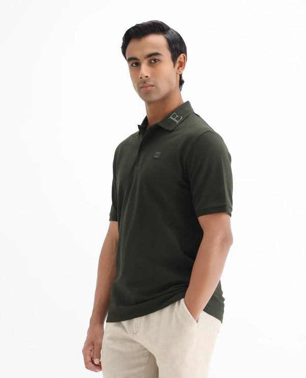 Rare Rabbit Men's Clif Dark Olive Cotton Fabric Short Sleeves Printed Detailing On Collar Regular Fit Plain Knit Polo T-Shirt