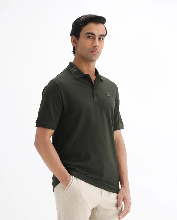 Rare Rabbit Men's Clif Dark Olive Cotton Fabric Short Sleeves Printed Detailing On Collar Regular Fit Plain Knit Polo T-Shirt
