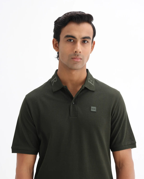 Rare Rabbit Men's Clif Dark Olive Cotton Fabric Short Sleeves Printed Detailing On Collar Regular Fit Plain Knit Polo T-Shirt