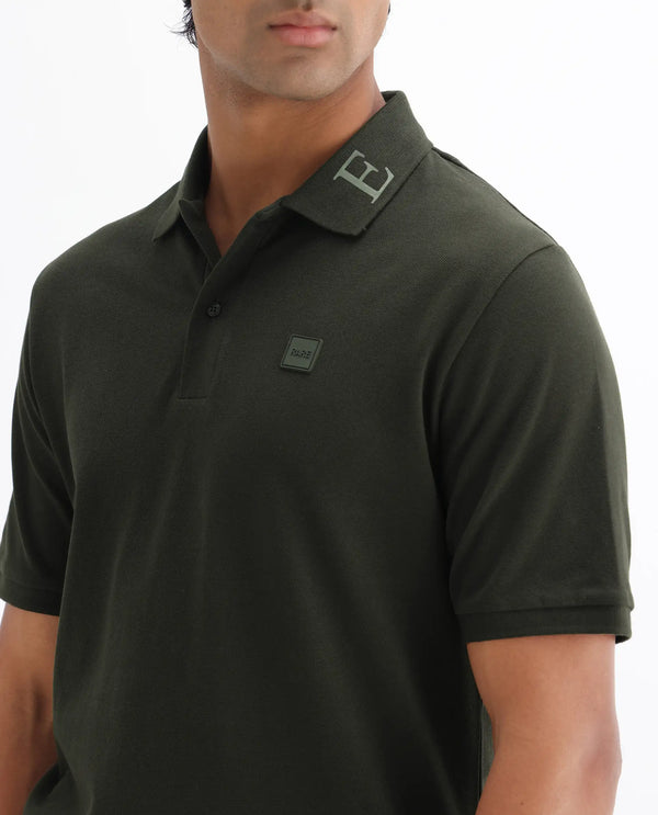 Rare Rabbit Men's Clif Dark Olive Cotton Fabric Short Sleeves Printed Detailing On Collar Regular Fit Plain Knit Polo T-Shirt