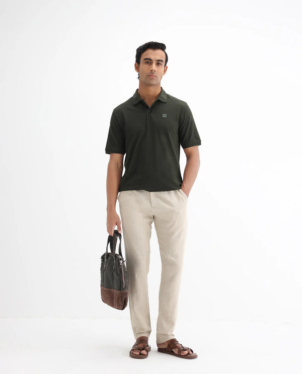 Rare Rabbit Men's Clif Dark Olive Cotton Fabric Short Sleeves Printed Detailing On Collar Regular Fit Plain Knit Polo T-Shirt