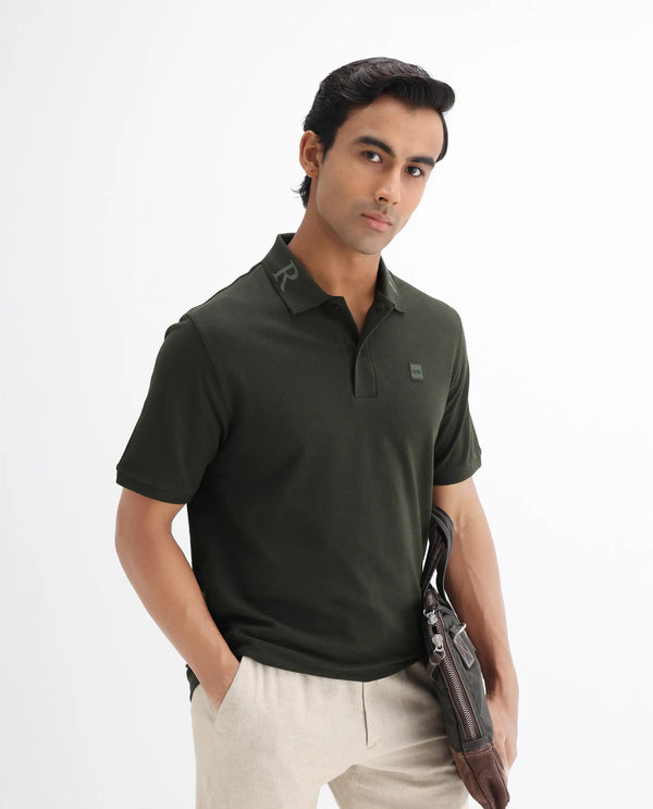 Rare Rabbit Men's Clif Dark Olive Cotton Fabric Short Sleeves Printed Detailing On Collar Regular Fit Plain Knit Polo T-Shirt