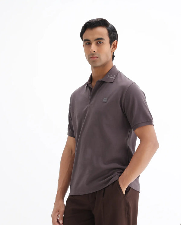 Rare Rabbit Men's Clif Dusky Purple Cotton Fabric Short Sleeves Printed Detailing On Collar Regular Fit Plain Knit Polo T-Shirt
