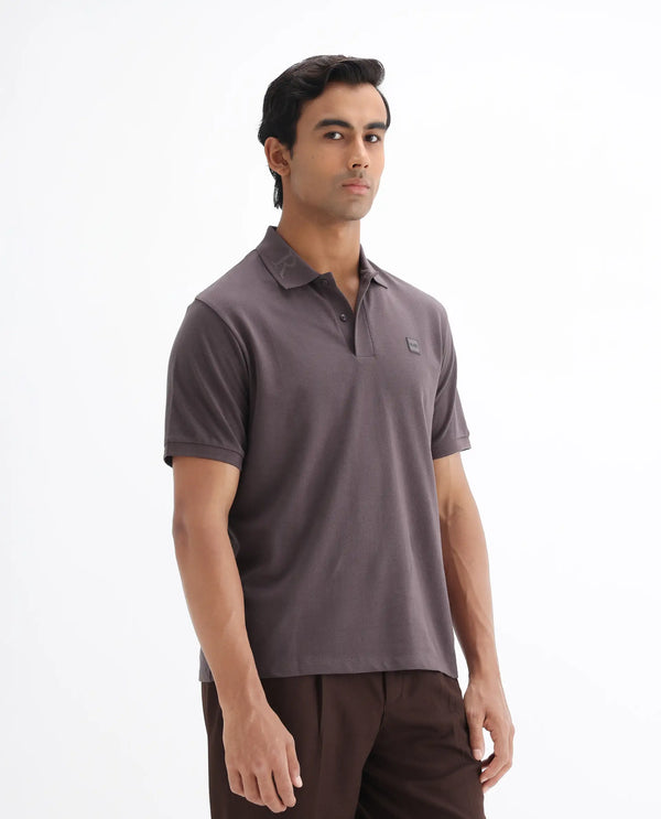 Rare Rabbit Men's Clif Dusky Purple Cotton Fabric Short Sleeves Printed Detailing On Collar Regular Fit Plain Knit Polo T-Shirt