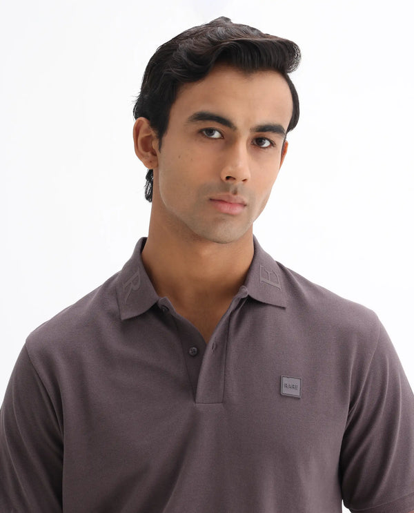 Rare Rabbit Men's Clif Dusky Purple Cotton Fabric Short Sleeves Printed Detailing On Collar Regular Fit Plain Knit Polo T-Shirt