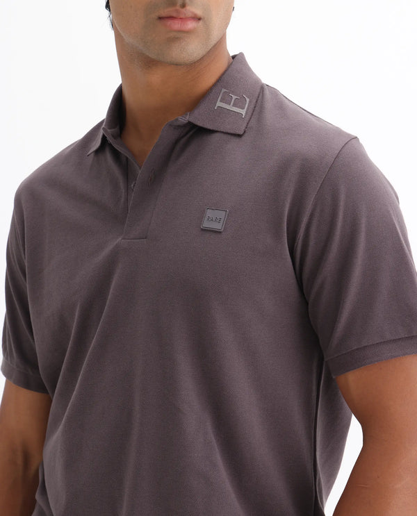 Rare Rabbit Men's Clif Dusky Purple Cotton Fabric Short Sleeves Printed Detailing On Collar Regular Fit Plain Knit Polo T-Shirt