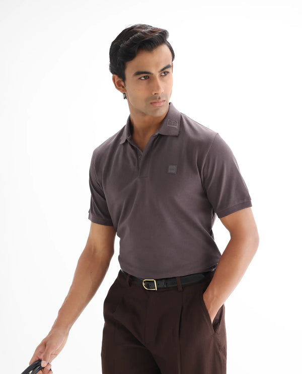 Rare Rabbit Men's Clif Dusky Purple Cotton Fabric Short Sleeves Printed Detailing On Collar Regular Fit Plain Knit Polo T-Shirt