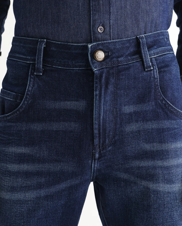 Rare Rabbit Mens Clio Dark Blue Mid Wash Cotton Polyester Solid Comfort Fit Jeans