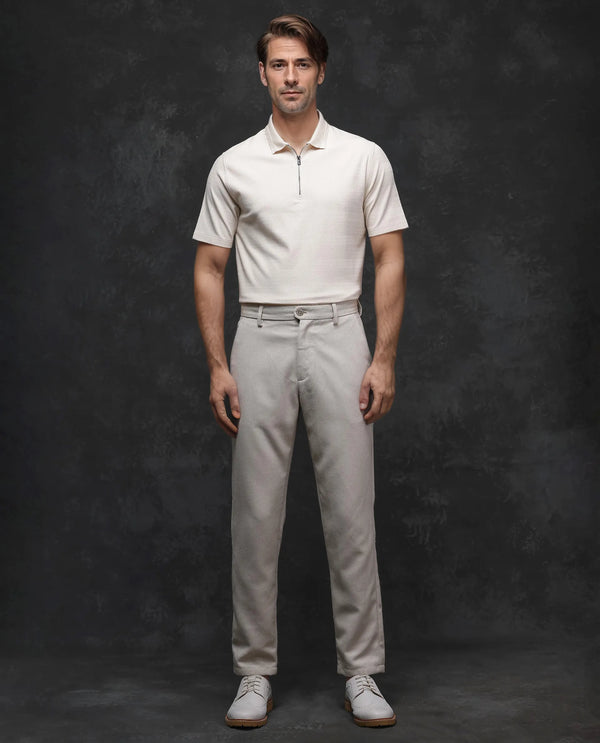 Rare Rabbit Men's Clion-1 Beige Cotton Lycra Fabric Short Sleeve Collared Neck Zipper Closure Jacquard Polo