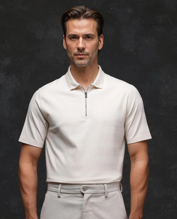 Rare Rabbit Men's Clion-1 Beige Cotton Lycra Fabric Short Sleeve Collared Neck Zipper Closure Jacquard Polo