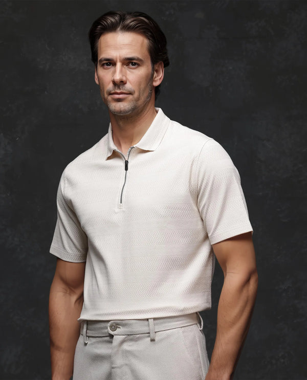 Rare Rabbit Men's Clion-1 Beige Cotton Lycra Fabric Short Sleeve Collared Neck Zipper Closure Jacquard Polo