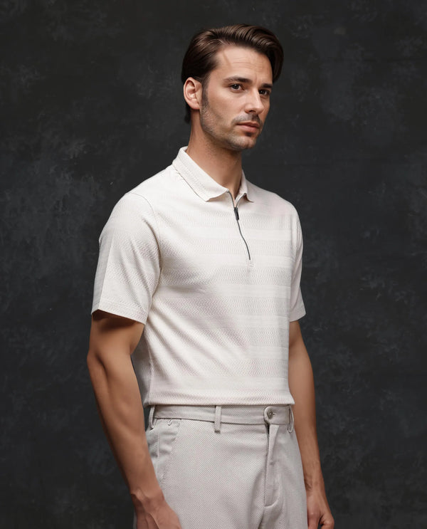Rare Rabbit Men's Clion-1 Beige Cotton Lycra Fabric Short Sleeve Collared Neck Zipper Closure Jacquard Polo