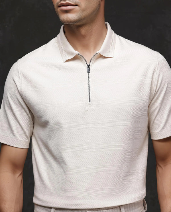 Rare Rabbit Men's Clion-1 Beige Cotton Lycra Fabric Short Sleeve Collared Neck Zipper Closure Jacquard Polo