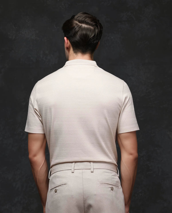 Rare Rabbit Men's Clion-1 Beige Cotton Lycra Fabric Short Sleeve Collared Neck Zipper Closure Jacquard Polo