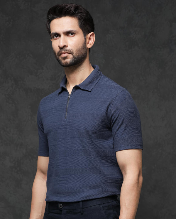 Rare Rabbit Mens Clion Dark Blue Short Sleeve Jacquard Polo T-Shirt