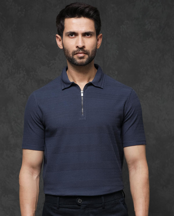 Rare Rabbit Mens Clion Dark Blue Short Sleeve Jacquard Polo T-Shirt