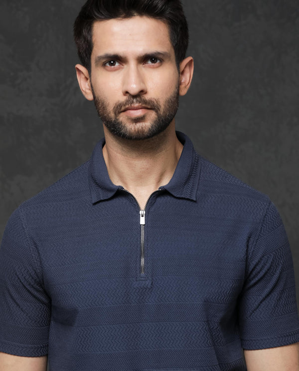 Rare Rabbit Mens Clion Dark Blue Short Sleeve Jacquard Polo T-Shirt